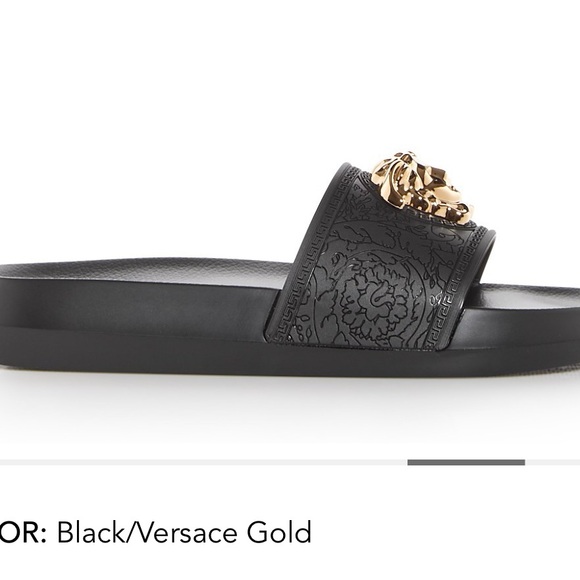 NIB Authentic Versace shoes pool slides black gold 3 D Medusa European 40- US 9 - Picture 5 of 16